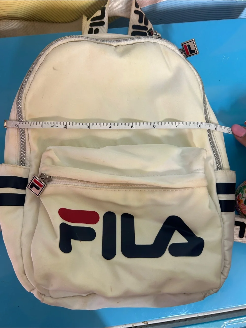 Fila Mini White Backpack with Navy and Red Logo Accents